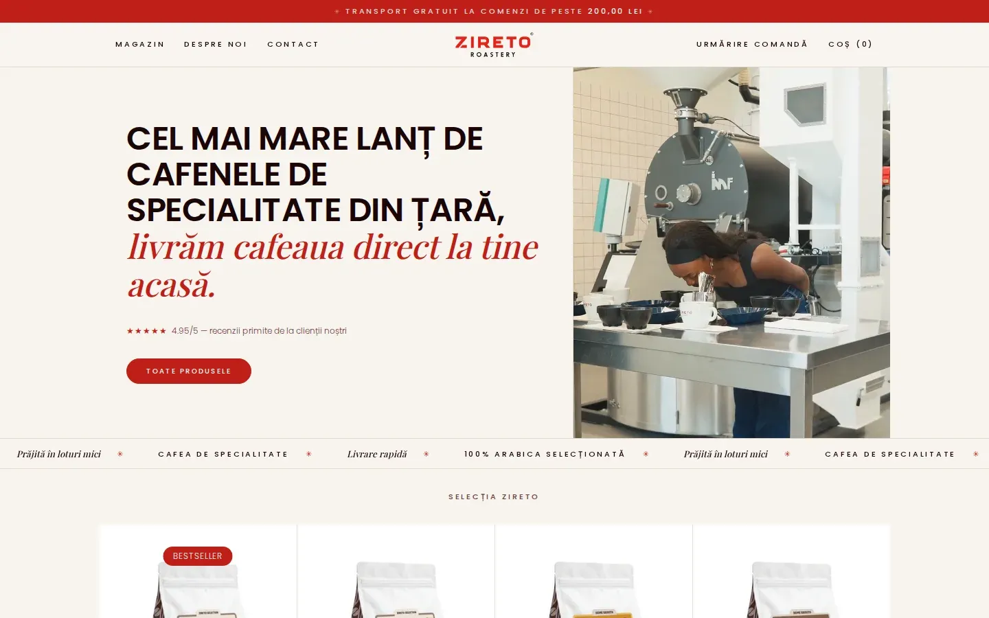 Pagina principală a site-ului ZIRETO Roastery
