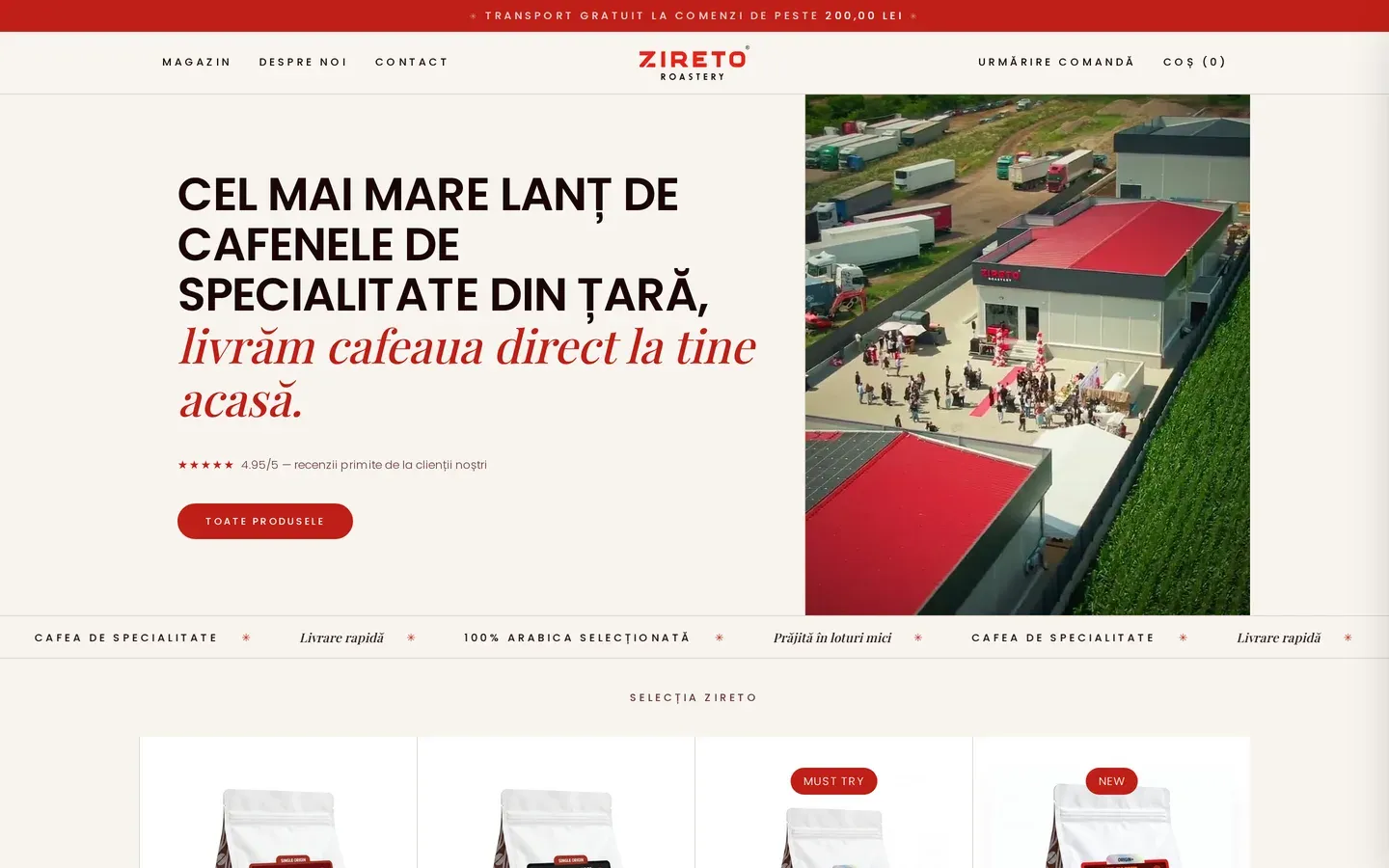 Homepage of the ZIRETO Roastery website