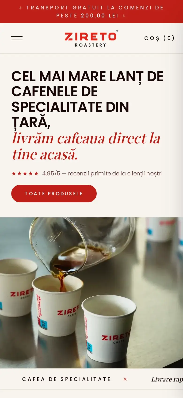 Site-ul ZIRETO Roastery pe telefon